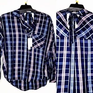 𝅺sanctuary Cool attitude navy plaid shirt. NWT. Ties in the back. Size XS